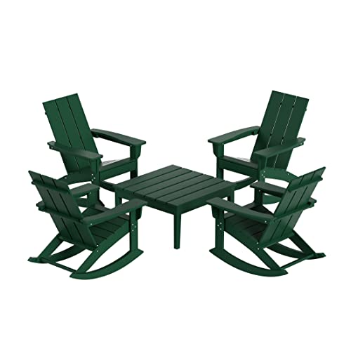 WestinTrends Ashore 5 Piece Patio Rocking Chair Set, All Weather Poly Lumber Adirondack Rocker Conversation Set Porch Patio Chairs Set of 4 with Low Coffee Table, Dark Green