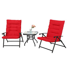 PHI VILLA 3 PCS Patio Bistro Set Outdoor Furniture Folding Chairs Set with Red Cushions, 2 Adjustable Reclining Chairs & 1 Tempered Glass Coffee Table