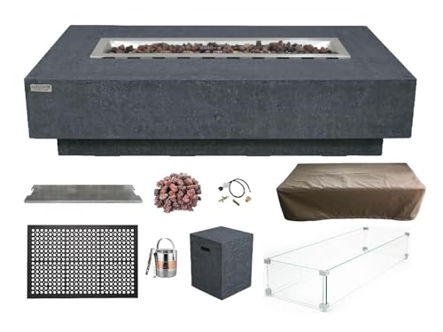 Elementi Hampton Gas Fire Pit Bundle Concrete Fire Table, Outdoor Fire Pit Electronic Ignition | Canvas Cover, Lava Rock Included | Free AMS Wind Guardt | Dark Gray (Propane Gas)