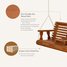 Porchgate Amish Heavy Duty Console Porch Swing with Fold Down Cup Holders in Cedar Stain - Amish Made in The USA from Treated Pine, Hanging Chains Included