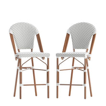 BizChair Set of 2 Stackable Indoor/Outdoor Bistro 26" High Counter Height Stools, Commercial Grade, White/Gray and Bamboo Finish