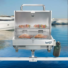 Bunker Up Fishin Stainless Steel Boat Grill with Pontoon Railing Mount - Fits 1 1/4″ Square Rail - Great for Boating and Camping, 12000 BTU, 277 sq.in Grilling Space and 87 sq.in Warming Rack