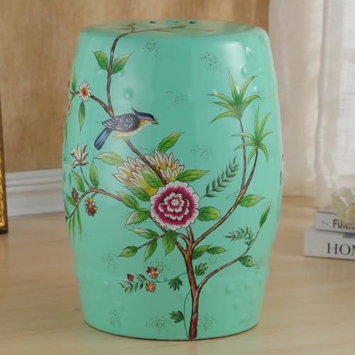 Labasuan Ceramic Garden Stool, Outdoor Decorative Drum Stool, Hand Painted Indoor Outdoor Side Table, Plant Stand & Extra Seating for Garden Patio Balcony Living Room Bathroom(Green)