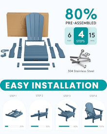 SERWALL Folding Adirondack Chair Set of 4 with Cup Holder for Fire Pit-Blue