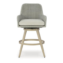 Signature Design by Ashley Seton Creek Weather Resistant Resin Wicker Swivel Outdoor Bar Stools with Cushion, Set of 2 Beige & Light Gray