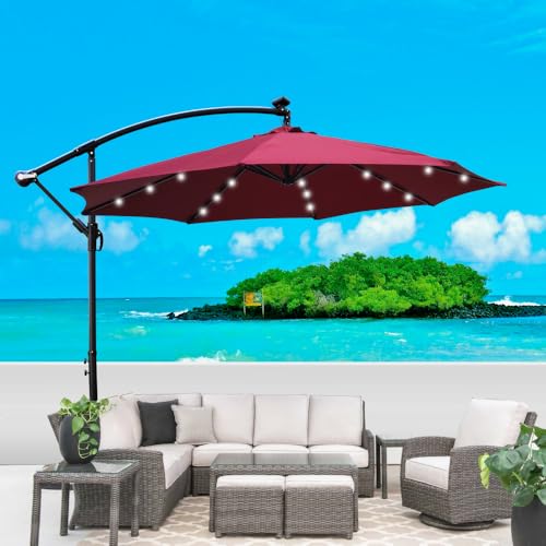 10 ft Outdoor Patio Umbrella Solar Powered LED Lighted Sun Shade Market Waterproof 8 Ribswith Crank and Cross Base for Garden Backyard Outside Deck Swimming Pool