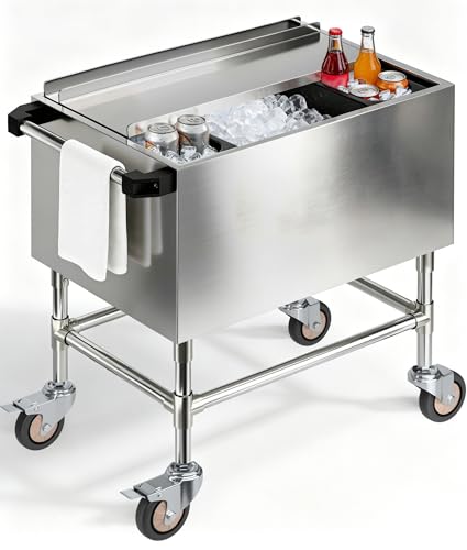 Stainless Steel Insulated Ice Bin Cart with Wheels, Portable Mobile Outdoor Cooler Cart with Sliding Lid, Removable Handle & Drain Pipe, Large Capacity Ice Storage Bin for Parties,Patio&Outdoor Events
