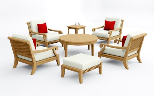 WholesaleTeak Teak Wood 7 Pc Lounge Chair Set: 4 Lounge Chairs, Ottoman, Round Coffee Table & Side Table with Cushions in Outdoor Fabric #5404 Canvas Natural