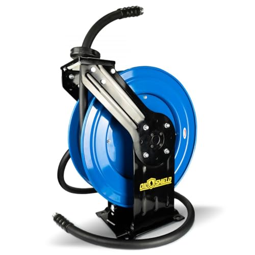 OIL SHIELD OSFHRONE40 Farm Fuel Hose Reel – Heavy Duty Assembly, 1" x 40' Rubber Hose, 1" MNPT, Static Wire, 100 PSI, Kink & Cold-Weather Resistant, Diesel & Gasoline Use