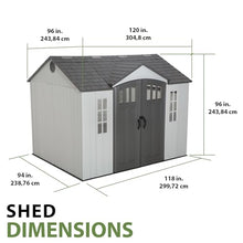 Lifetime 10×8 Ft. Outdoor Storage Shed, Dual‑Wall HDPE with Steel‑Reinforced Structure, Side‑Entry Doors with Windows, Skylight, Screened Vents, Adjustable Shelves, Slip‑Resistant Floor, UV‑Protected