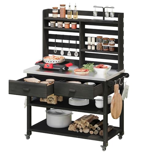 SRECELL 65" Outdoor Potting Table with Lockable Wheels, Solid Fir Wood Garden Bench with Stainless Steel Top, 400LB Capacity Workstation with Hutch, Drawers & Shelves for Patio Lawn Backyard,Black