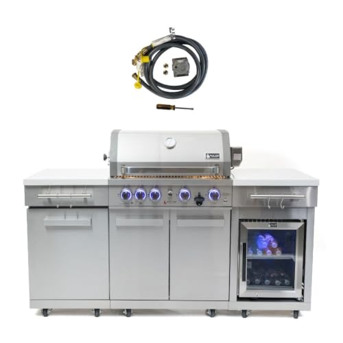 Mont Alpi Premium 70"W x 24"D Stainless Steel Outdoor Kitchen Island with Refrigerator + 32"W 4-Burner BBQ Grill + Infrared Burner + Storage Cabinets + Granite Countertops + Natural Gas Conversion Kit