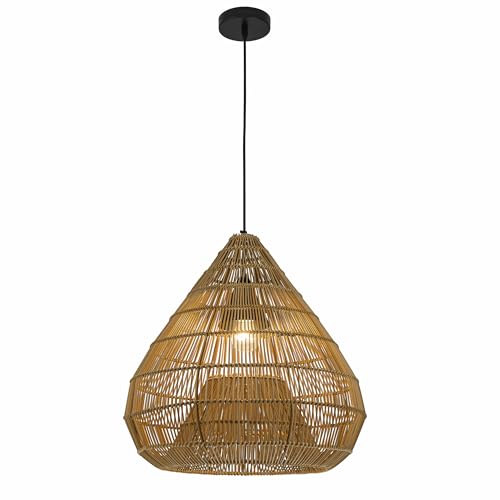 Outdoor Handmade Rattan Pendant Light Coastal Boho 1-Light 20 in. Beige Dome Ceiling Light for Patio with Wicker Rattan Shade