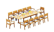 TeakStation 12 Seater Grade-A Teak Wood 13 Pc Dining Set: 118" Double Extension Mas Rectangle Trestle Leg Table and 12 Vellore Stacking Arm Chairs #31VL2512