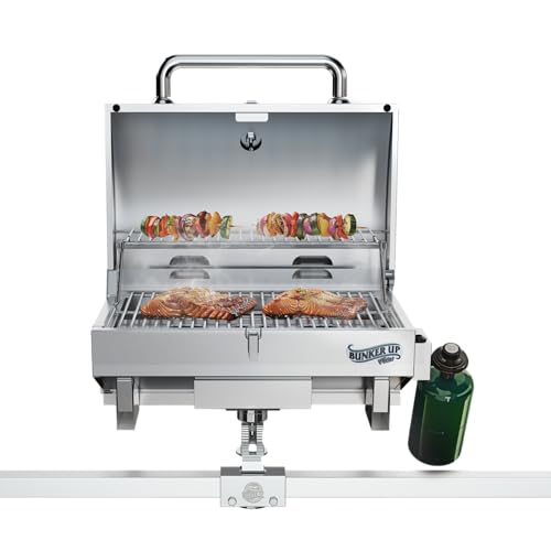 Bunker Up Fishin Stainless Steel Boat Grill with Pontoon Railing Mount - Fits 1 1/4″ Square Rail - Great for Boating and Camping, 12000 BTU, 277 sq.in Grilling Space and 87 sq.in Warming Rack