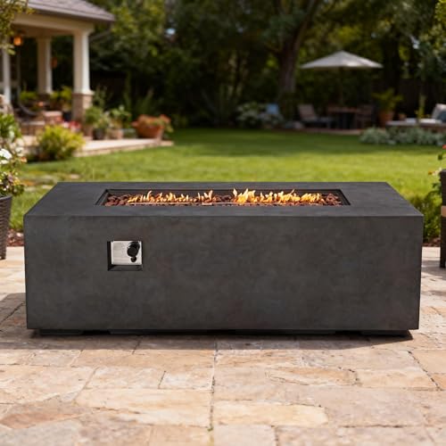 FammyLoft 70 Inch Outdoor Propane Fire Pit Table for Outside Patio, Concrete Fire Pit Table, Rectangle Gas Fire Pit for Garden, Pool, Backyard, 60,000 BTU, Free Lava Rocks, Dark Gray