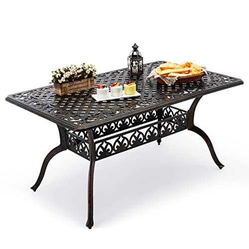 Attliahome Outdoor Patio Dining Table - All-Weather Cast Aluminum 60" x 28.5“ Patio Rectangular Table with 2" Umbrella Hole for Balcony Lawn Garden Backyard