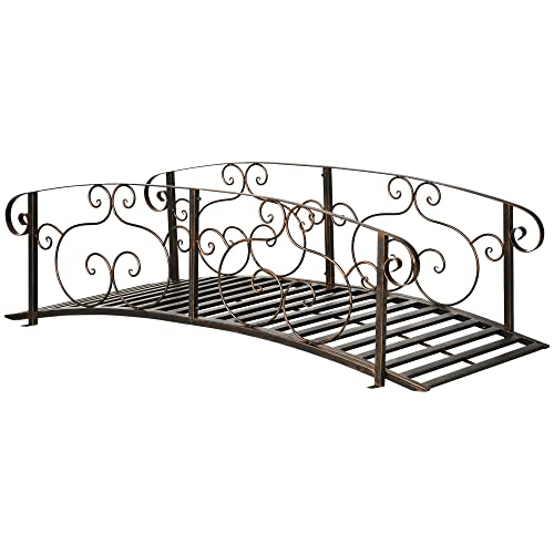 6' Metal Arch Garden Bridge with Safety Siderails, Arc Footbridge for Backyard Creeks, Streams, Ponds, Bronze