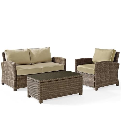 Afuera Living 3 Piece Wicker Patio Sofa Set, Brown and Sand Finish, Durable Steel Frame, UV/Fade Resistant Cushions, Modular Design, Includes Loveseat, Armchair, Coffee Table, Outdoor Furniture
