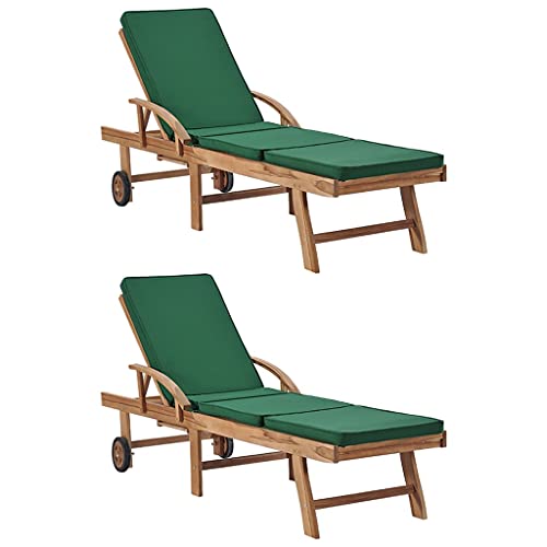 WANGKENSU Sun Loungers with Cushions 2 pcs,Outdoor Wood Lounge Chaise, Lounger for Pool,Beach Sun Tanning Chair,Outdoor Bed,Patio Deck Chair, Solid Teak Wood Red (Green 76.8" x 23.4" (L x W))