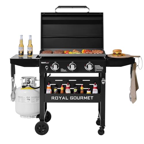 Royal Gourmet 3-Burner Gas Griddle with Hood, Collapsible Side Shelves