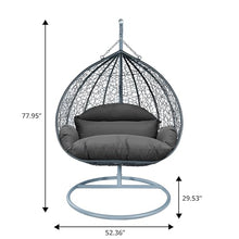 LeisureMod Hanging Egg Chair with Stand for Indoor Outdoor Wicker Patio Swing Chair Open Weave Basket Design with Cushion Metal Frame for Patio Garden Balcony (Grey Frame Dark Grey Cushion)