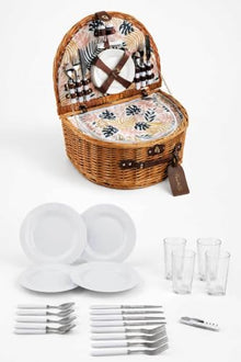 Handmade Wicker Picnic Basket Set for 4 People with Insulated Compartment, Leaf Pattern, Oval Shape 19 x 14.2 x 8.3 inches - Brown and Pink