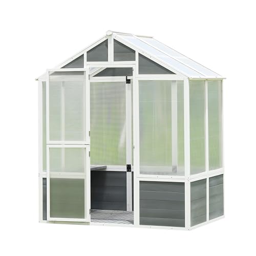 Wooden Greenhouse for Outdoors, Large Polycarbonate Greenhouse with Wooden Base, Lockable Door & 2 Shelves, Heavy Duty Walk in Green House for Outside Winter, Backyard, Garden