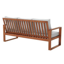 Grafton Eucalyptus 3-Seat Outdoor Bench - Weather-Resistant Gray Cushions, Durable Termite-Resistant Wood, Ideal for Patio & Garden, 74.5 in. W x 31.5 in. D x 33.5 in. H