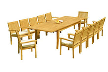 WholesaleTeak 12 Seats 13 Pcs Grade-A Teak Wood Dining Set: 122" Atnas Double Extension Rectangle Table and 12 Leveb Stacking Arm Chairs #WHDSLV