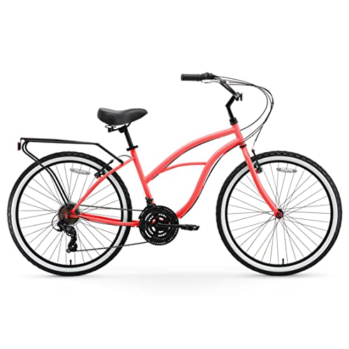 sixthreezero Women's Beach Cruiser Bike 21-Speed Step-Through Touring Hybrid Bicycle Coral w/ Black Seat/Grips