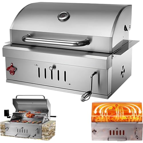 28 Inch Built In Charcoal Grills, Stainless Steel Charcoal Bbq Grill Built In with Liftable Charcoal Tray, Rain Fabric Cover, Insulated Hood and Temperature Gauge, for Outdoor Camping, Cooking