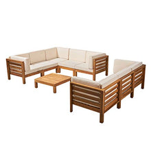 Great Deal Furniture GDFStudio Outdoor Sectional Sofa Set with Coffee Table - 9-Piece 8-Seater - Acacia Wood - Outdoor Cushions - Teak and Beige