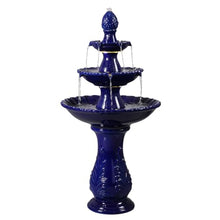 3-Tier Dark Blue Ceramic Fountain, Decorative Water Fountain with LED Lights and Quiet Pump, Indoor Outdoor Water Feature for Patio, Garden, Deck, Balcony, Office and Home Décor