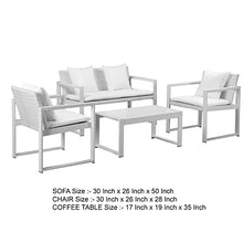 Benzara Lark 50 Inch Sofa and Table Set, All Weather Rattan, White Fabric Cushions
