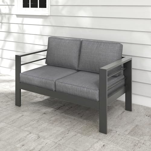 FansaFurn Outdoor Patio Furniture Loveseat Sofa, All-Weather Metal Aluminum Patio Couch with 5" Thick and Soft Cushion and Wide Arm, Outdoor Couch for Balcony, Porch, Backyard