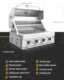 304 Stainless Steel Built-in Gas Grill, 35.7x19inch, Dual-Purpose Charcoal Compatible, Villa Courtyard BBQ with Thermometer, Bottle Opener, 4-Burner Control