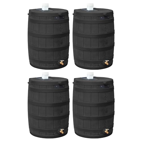 Good Ideas Rain Wizard 50 Gallon Plastic Outdoor Home Rain Barrel Water Storage Collector with Brass Spigot and Flat Back Design, Black (4 Pack)