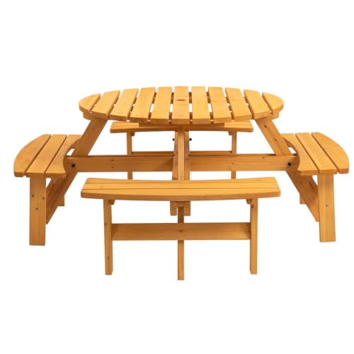 AMZXPLORE Round Picnic Table, 8 Person Solid Fir Wood Picnic Table with 2" Umbrella Hole 4 Integrated Curved Benches, Outdoor Wooden Dining Set for Patio Backyard Garden,Yellow
