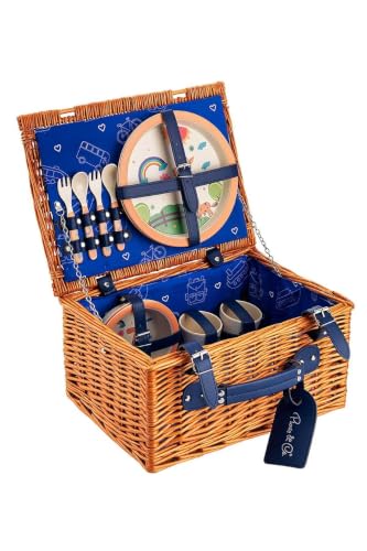 2-Person Picnic Basket Set, Handcrafted Wicker Picnic Basket with Handle and Lid, Includes Plastic Plates, Cups, Bowls, and Cutlery - Navy Blue