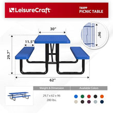 Leisure Craft 8' Rectangle Metal Picnic Table with Bench for 8, Made in USA