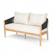 Christopher Knight Home Katarina Patio Acacia Wood Loveseat Furniture, Outdoor Loveseat Sofa with Comfy Fabric Cushions, 2-Seater Sofa with Handwoven Rope Backrest for Garden/Backyard, Black+Beige