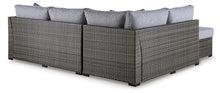 Signature Design by Ashley Petal Road Casual Weather Resistant Outdoor Loveseat Sectional Set with Ottoman, Table & 2 Throw Pillows Grey