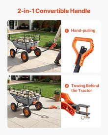 VEVOR Garden Dump Cart 1500lbs 15 Cu.Ft, Heavy Duty Wheelbarrow with Convertible Handle and 16" Flat Free Tires, Outdoor Yard Wagon ATV Trailer Dump Cart Tow Behind for Lawn Mower Tractor
