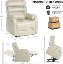 Dual Motor Lay Flat Power Lift Recliner Chair for Elderly Adults with Heat and Massage Functions, Leather Electric Reclining Sofa with USB Ports, Cream White Living Room Furniture