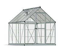 Palram Canopia 6x8 Greenhouse Walk-In UV Polycarbonate Heavy Duty Aluminum Lockable Door Adjustable Roof Vent Silver with Plant Hangers