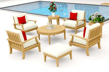 TeakStation 8 Pc Teak Wood Lounge Chair Set: 4 Lounge Chairs, Ottoman, Round Coffee Table & 2 Round Side Tables with Cushions in Outdoor Sunbrella Fabric #5404 Canvas Natural