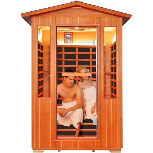 Outdoor Sauna 2 Person Sauna Infrared Saunas Dry Sauna Room 2080W/110V Low EMF Outer Board Red Cedar/Inner Board Fir Wood, Oxygen Bar, Speaker, LCD Control Screen, LED Lights - 48.8*38.2*81.9 in
