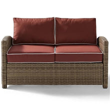 Pemberly Row 3 Piece Wicker Patio Sofa Set, Brown and Sangria Finish, All-Weather Resin Wicker, Steel Frame, UV-Resistant Cushions, Includes Loveseat, Armchair, Coffee Table, Outdoor Seating for Patio