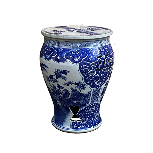 Orientliving Chinese Blue & White Porcelain Flower Birds Small Round Stool Table Blue White